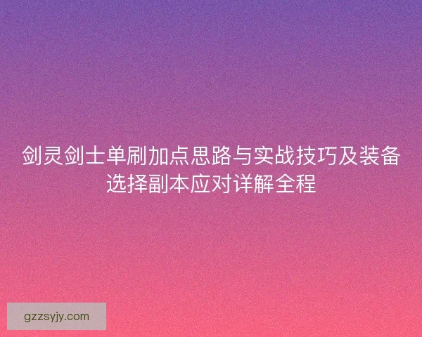 剑灵剑士单刷加点思路与实战技巧及装备选择副本应对详解全程